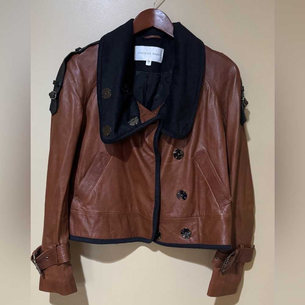 Veronica Beard Brown Leather Jacket with Black Trim
